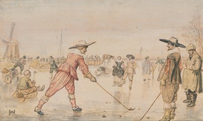 2人の紳士がコルフを演奏する冬のシーン 作： Hendrick Avercamp